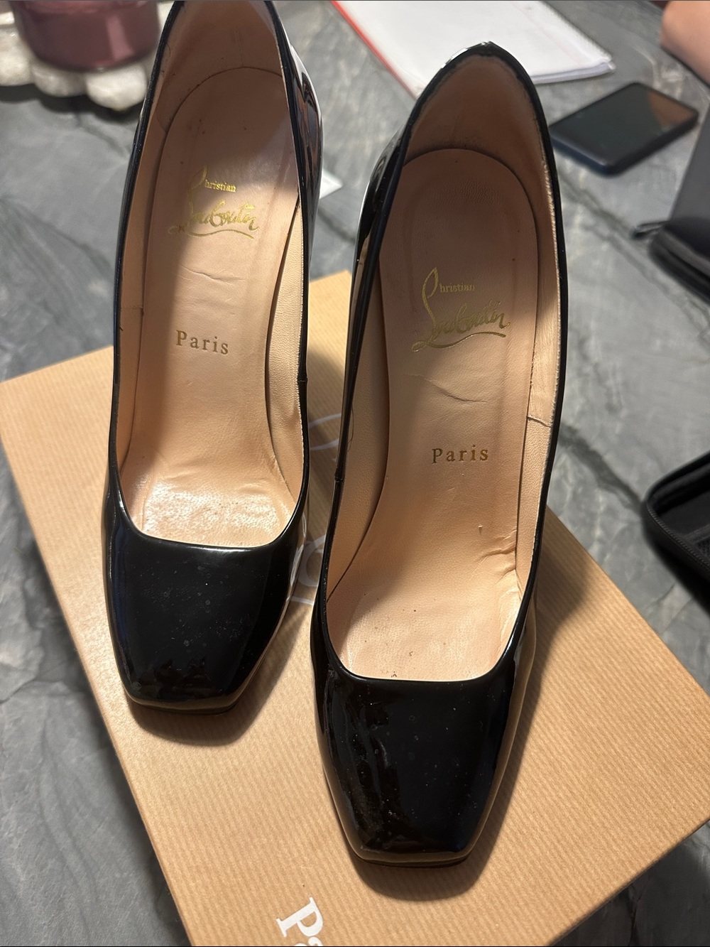 Christian Louboutin Black Patent Square-Toe Pumps with Neutral Lining